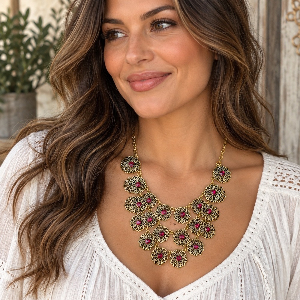 Gold Tone Filigree Flower Bib Necklace Red Faux Ruby Rhinestone Statement Piece